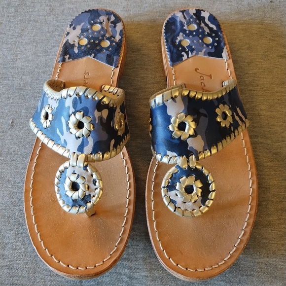 Jack Rogers Navy Camo & Platinum Trim Leather Flip Flop Sandals Size 8 - Picture 1 of 14